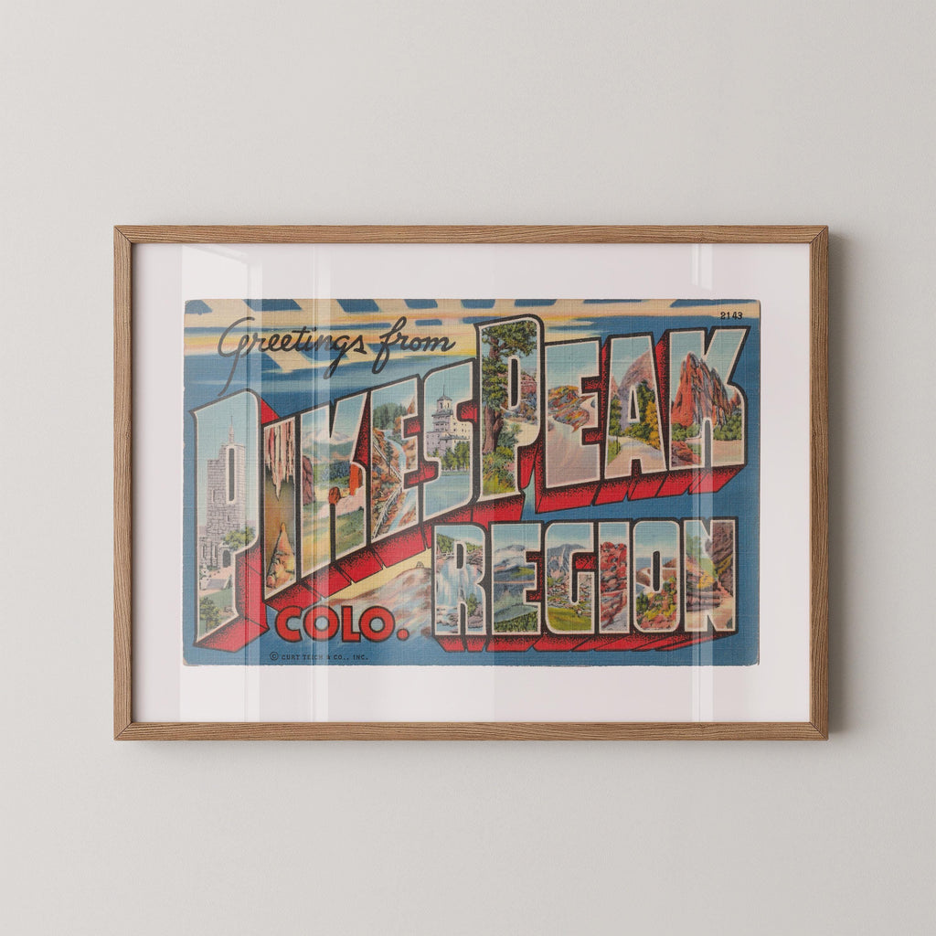 Vintage "Greetings from Pikes Peak" large letter postcard print, with oversized vintage-style block letters spelling PIKES PEAK filled with nostalgic scenic snapshots, celebrating Pikes Peak as a beloved travel destination. Printed as a giclée fine art print on archival matte paper.