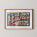Vintage "Greetings from Pikes Peak" large letter postcard print, with oversized vintage-style block letters spelling PIKES PEAK filled with nostalgic scenic snapshots, celebrating Pikes Peak as a beloved travel destination. Printed as a giclée fine art print on archival matte paper.