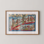 Vintage "Greetings from Pikes Peak" large letter postcard print, with oversized vintage-style block letters spelling PIKES PEAK filled with nostalgic scenic snapshots, celebrating Pikes Peak as a beloved travel destination. Printed as a giclée fine art print on archival matte paper.