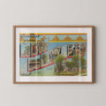 Vintage "Greetings from New Mexico" large letter postcard print, with oversized vintage-style block letters spelling NEW MEXICO filled with nostalgic scenic snapshots, celebrating New Mexico as a U.S. state travel keepsake. Printed as a giclée fine art print on archival matte paper.