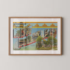 Vintage "Greetings from New Mexico" large letter postcard print, with oversized vintage-style block letters spelling NEW MEXICO filled with nostalgic scenic snapshots, celebrating New Mexico as a U.S. state travel keepsake. Printed as a giclée fine art print on archival matte paper.
