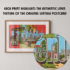 Vintage "Greetings from Kentucky" large letter postcard print, with oversized vintage-style block letters spelling KENTUCKY filled with nostalgic scenic snapshots, celebrating Kentucky as a U.S. state travel keepsake. Printed as a giclée fine art print on archival matte paper.