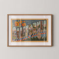 Vintage "Greetings from California" large letter postcard print, with oversized vintage-style block letters spelling CALIFORNIA filled with nostalgic scenic snapshots, celebrating California as a U.S. state travel keepsake. Printed as a giclée fine art print on archival matte paper.