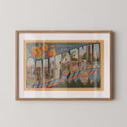 Vintage "Greetings from California" large letter postcard print, with oversized vintage-style block letters spelling CALIFORNIA filled with nostalgic scenic snapshots, celebrating California as a U.S. state travel keepsake. Printed as a giclée fine art print on archival matte paper.