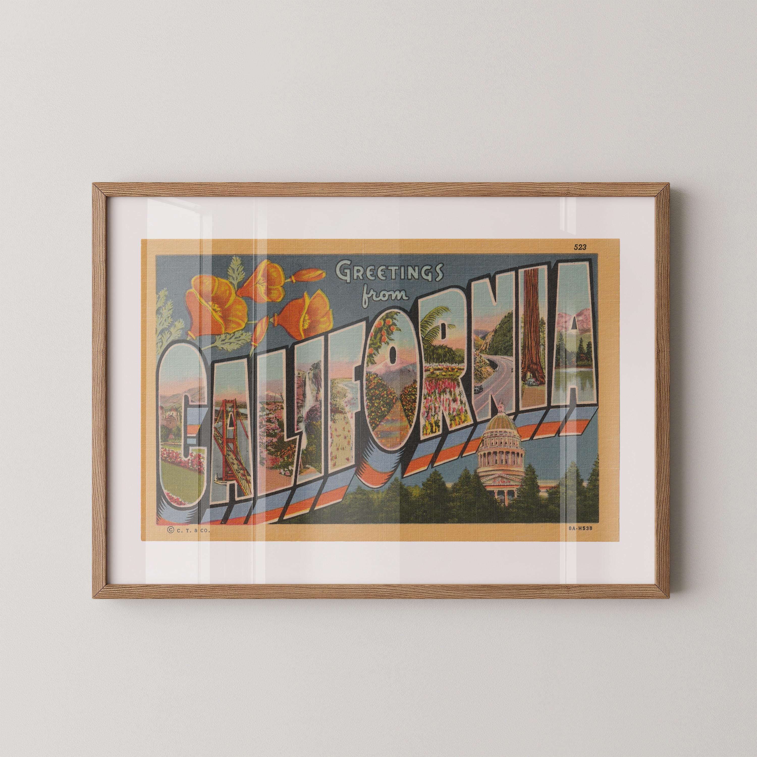 Vintage "Greetings from California" large letter postcard print, with oversized vintage-style block letters spelling CALIFORNIA filled with nostalgic scenic snapshots, celebrating California as a U.S. state travel keepsake. Printed as a giclée fine art print on archival matte paper.