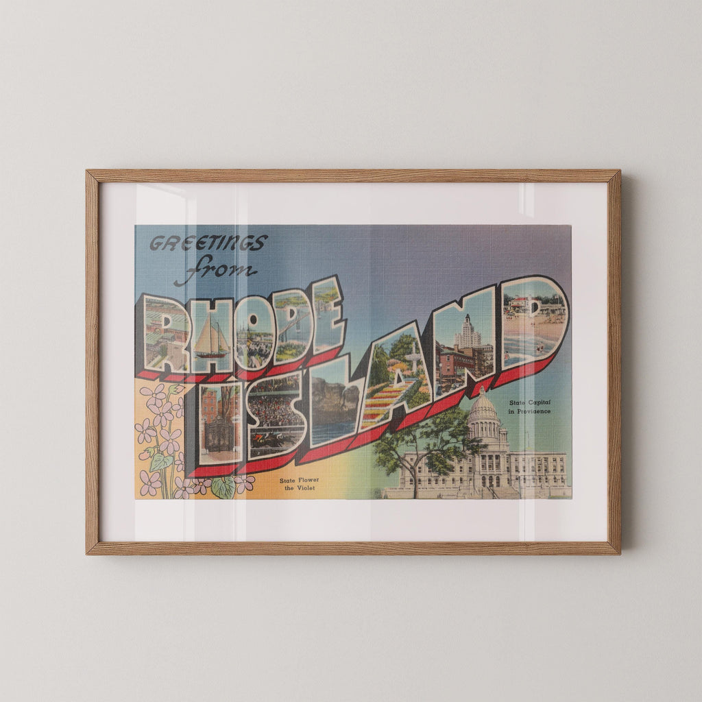 Vintage "Greetings from Rhode Island" large letter postcard print, with oversized vintage-style block letters spelling RHODE ISLAND filled with nostalgic scenic snapshots, celebrating Rhode Island as a U.S. state travel keepsake. Printed as a giclée fine art print on archival matte paper.