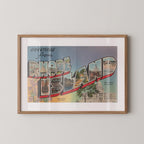 Vintage "Greetings from Rhode Island" large letter postcard print, with oversized vintage-style block letters spelling RHODE ISLAND filled with nostalgic scenic snapshots, celebrating Rhode Island as a U.S. state travel keepsake. Printed as a giclée fine art print on archival matte paper.
