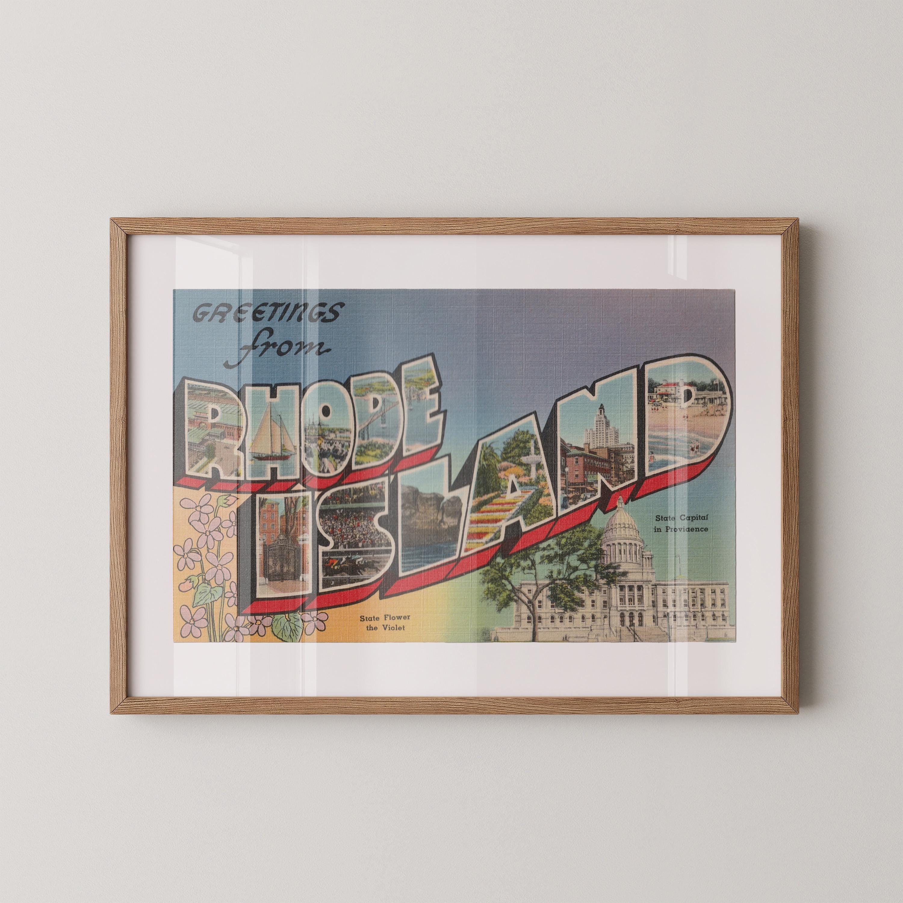 Vintage "Greetings from Rhode Island" large letter postcard print, with oversized vintage-style block letters spelling RHODE ISLAND filled with nostalgic scenic snapshots, celebrating Rhode Island as a U.S. state travel keepsake. Printed as a giclée fine art print on archival matte paper.