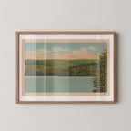 Vintage landscape postcard print of a calm lake framed by trees and distant hills. Printed as a giclée fine art print on archival matte paper.