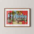 Vintage "Greetings from Kentucky" large letter postcard print, with oversized vintage-style block letters spelling KENTUCKY filled with nostalgic scenic snapshots, celebrating Kentucky as a U.S. state travel keepsake. Printed as a giclée fine art print on archival matte paper.