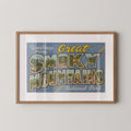 Vintage "Greetings from the Great Smoky Mountains" large letter postcard print, with oversized vintage-style block letters spelling THE GREAT SMOKY MOUNTAINS filled with nostalgic scenic snapshots, celebrating the Great Smoky Mountains as a beloved travel destination. Printed as a giclée fine art print on archival matte paper.