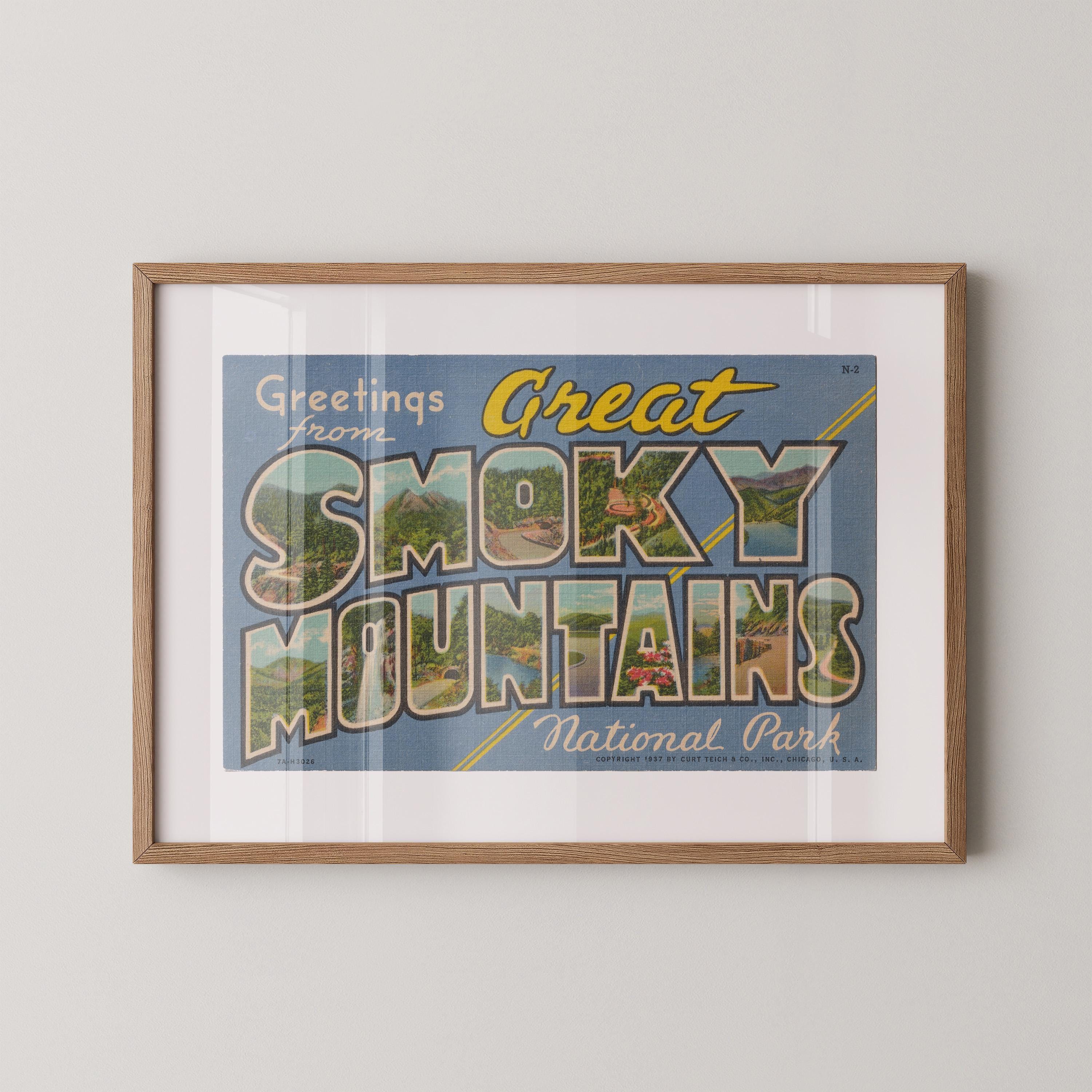Vintage "Greetings from the Great Smoky Mountains" large letter postcard print, with oversized vintage-style block letters spelling THE GREAT SMOKY MOUNTAINS filled with nostalgic scenic snapshots, celebrating the Great Smoky Mountains as a beloved travel destination. Printed as a giclée fine art print on archival matte paper.