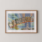 Vintage "Greetings from Nebraska" large letter postcard print, with oversized vintage-style block letters spelling NEBRASKA filled with nostalgic scenic snapshots, celebrating Nebraska as a U.S. state travel keepsake. Printed as a giclée fine art print on archival matte paper.