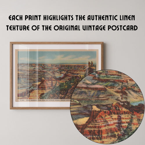 Vintage landscape postcard print of the Grand Canyon's layered rock formations glowing in soft early-morning light. Printed as a giclée fine art print on archival matte paper.