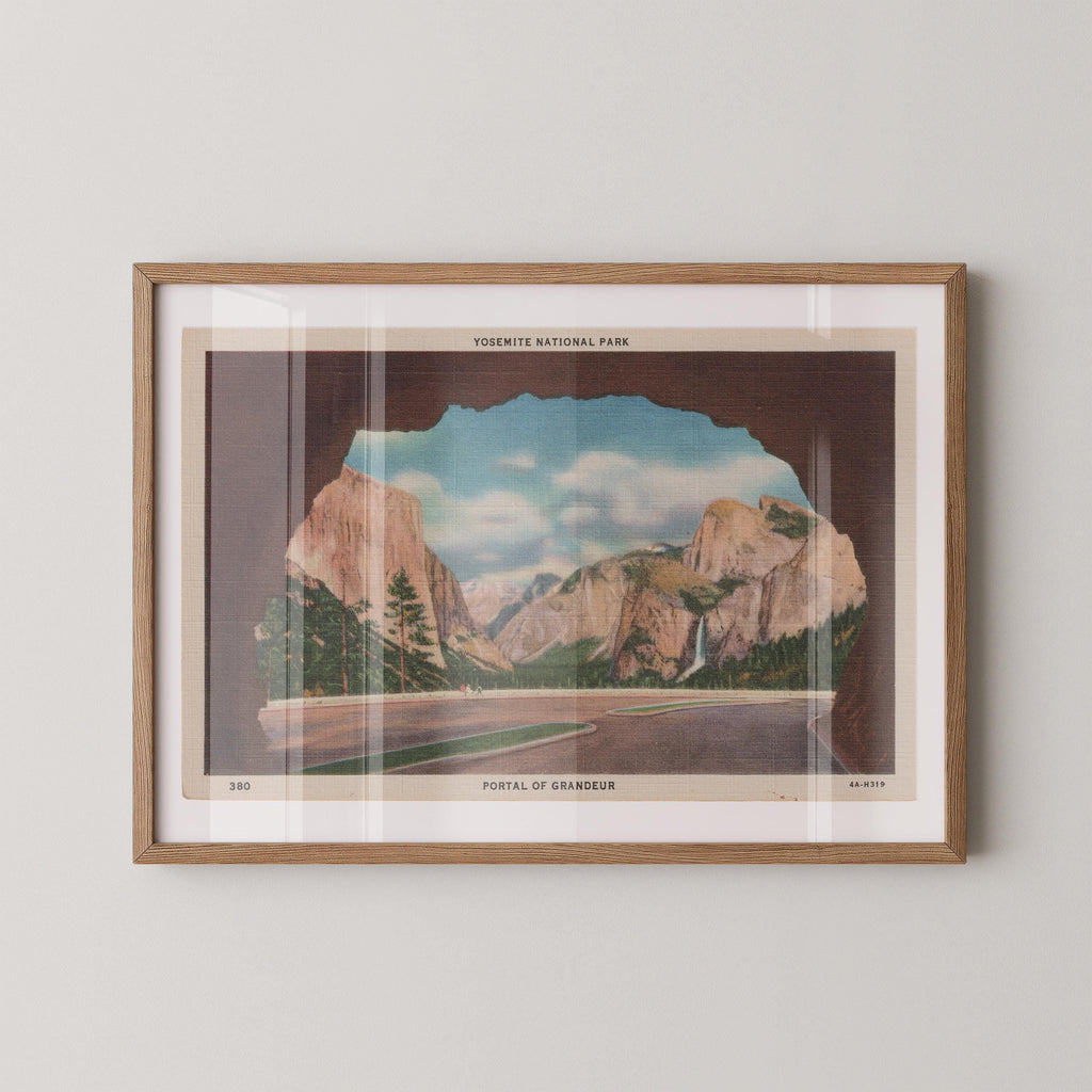 Vintage landscape postcard print of the famous Tunnel View overlook, known as the "Portal of Grandeur," showing Yosemite Valley flanked by El Capitan and Bridalveil Fall. Printed as a giclée fine art print on archival matte paper.