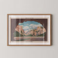 Vintage landscape postcard print of the famous Tunnel View overlook, known as the "Portal of Grandeur," showing Yosemite Valley flanked by El Capitan and Bridalveil Fall. Printed as a giclée fine art print on archival matte paper.