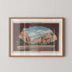Vintage landscape postcard print of the famous Tunnel View overlook, known as the "Portal of Grandeur," showing Yosemite Valley flanked by El Capitan and Bridalveil Fall. Printed as a giclée fine art print on archival matte paper.