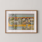 Vintage "Greetings from Oregon" large letter postcard print, with oversized vintage-style block letters spelling OREGON filled with nostalgic scenic snapshots, celebrating Oregon as a U.S. state travel keepsake. Printed as a giclée fine art print on archival matte paper.