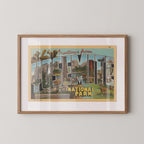 Vintage "Greetings from Yosemite" large letter postcard print, with oversized vintage-style block letters spelling YOSEMITE filled with nostalgic scenic snapshots, celebrating Yosemite as a beloved travel destination. Printed as a giclée fine art print on archival matte paper.