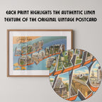 Vintage "Greetings from North Carolina" large letter postcard print, with oversized vintage-style block letters spelling NORTH CAROLINA filled with nostalgic scenic snapshots, celebrating North Carolina as a U.S. state travel keepsake. Printed as a giclée fine art print on archival matte paper.