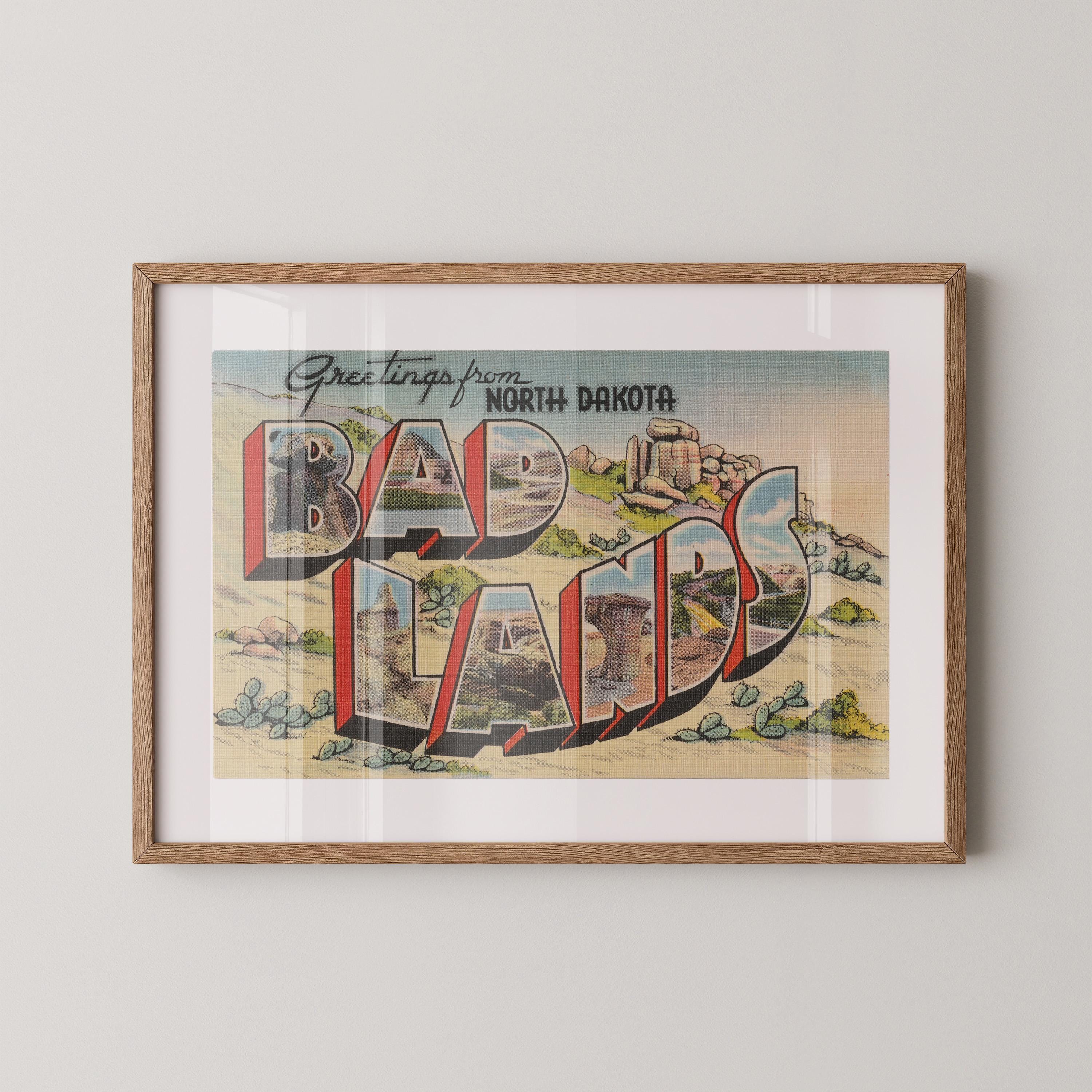 Vintage "Greetings from the Badlands" large letter postcard print, with oversized vintage-style block letters spelling THE BADLANDS filled with nostalgic scenic snapshots, celebrating the Badlands as a beloved travel destination. Printed as a giclée fine art print on archival matte paper.