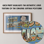 Vintage "Greetings from West Yellowstone" large letter postcard print, with oversized vintage-style block letters spelling WEST YELLOWSTONE filled with nostalgic scenic snapshots, celebrating West Yellowstone as a classic American city travel keepsake. Printed as a giclée fine art print on archival matte paper.