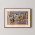 Vintage "Greetings from Los Angeles" large letter postcard print, with oversized vintage-style block letters spelling LOS ANGELES filled with nostalgic scenic snapshots, celebrating Los Angeles as a classic American city travel keepsake. Printed as a giclée fine art print on archival matte paper.