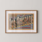 Vintage "Greetings from Los Angeles" large letter postcard print, with oversized vintage-style block letters spelling LOS ANGELES filled with nostalgic scenic snapshots, celebrating Los Angeles as a classic American city travel keepsake. Printed as a giclée fine art print on archival matte paper.