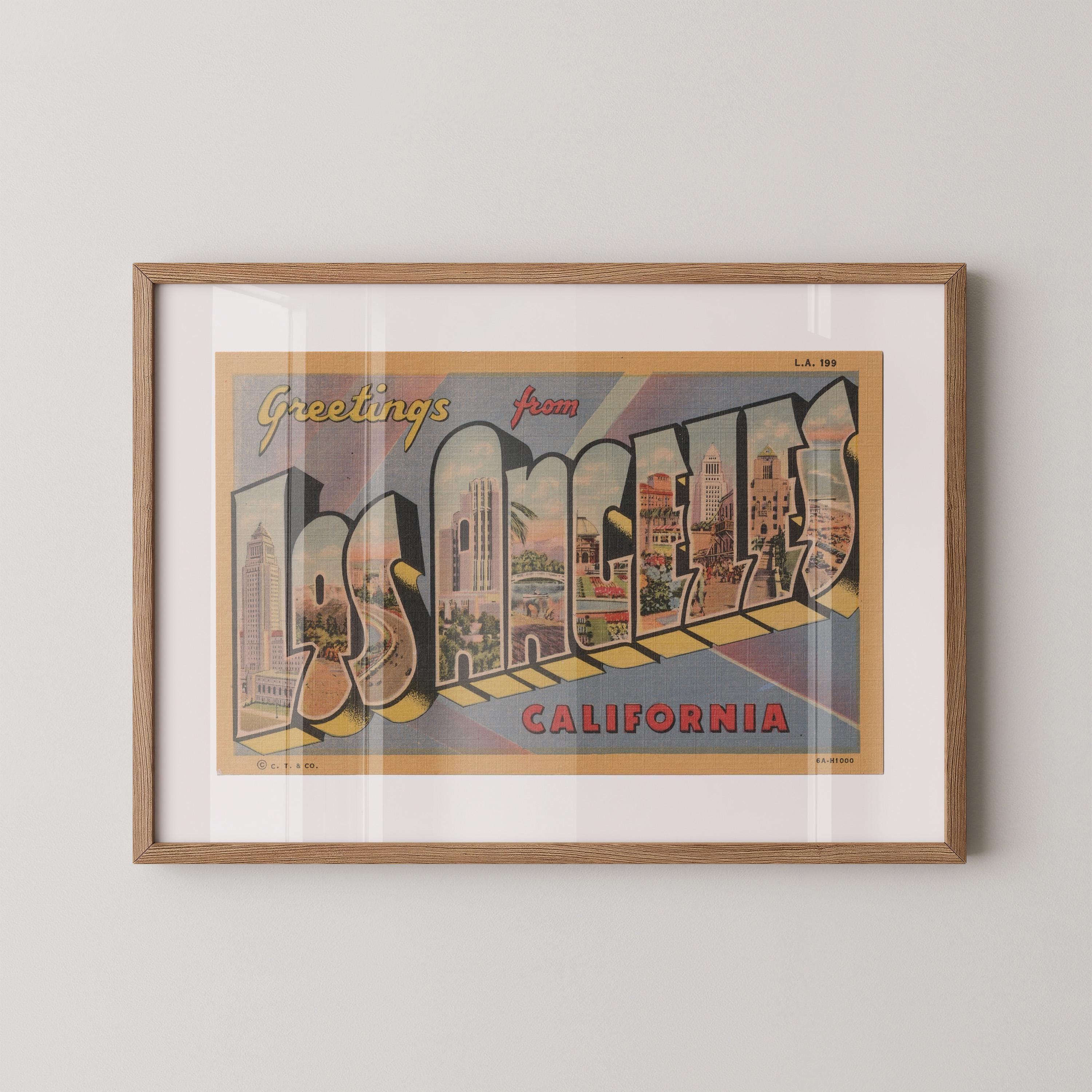 Vintage "Greetings from Los Angeles" large letter postcard print, with oversized vintage-style block letters spelling LOS ANGELES filled with nostalgic scenic snapshots, celebrating Los Angeles as a classic American city travel keepsake. Printed as a giclée fine art print on archival matte paper.