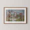 Vintage "Greetings from Tennessee" large letter postcard print, with oversized vintage-style block letters spelling TENNESSEE filled with nostalgic scenic snapshots, celebrating Tennessee as a U.S. state travel keepsake. Printed as a giclée fine art print on archival matte paper.