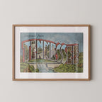 Vintage "Greetings from Tennessee" large letter postcard print, with oversized vintage-style block letters spelling TENNESSEE filled with nostalgic scenic snapshots, celebrating Tennessee as a U.S. state travel keepsake. Printed as a giclée fine art print on archival matte paper.