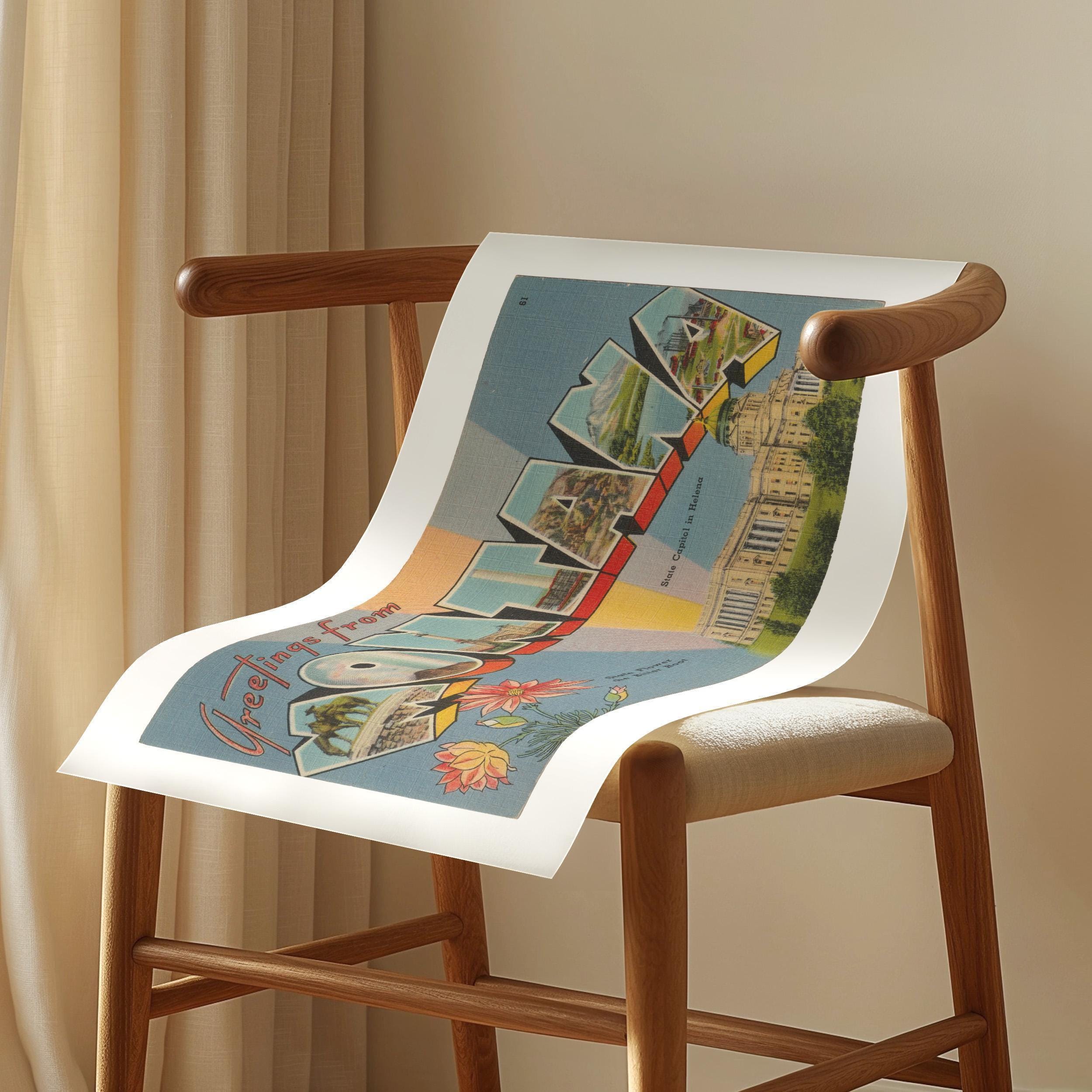 Vintage "Greetings from Montana" large letter postcard print, with oversized vintage-style block letters spelling MONTANA filled with nostalgic scenic snapshots, celebrating Montana as a U.S. state travel keepsake. Printed as a giclée fine art print on archival matte paper.