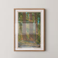 Vintage landscape postcard print of towering redwood trees in a sunlit grove, Yosemite National Park. Printed as a giclée fine art print on archival matte paper.