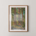 Vintage landscape postcard print of towering redwood trees in a sunlit grove, Yosemite National Park. Printed as a giclée fine art print on archival matte paper.