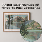 Vintage landscape postcard print of Jenny Lake with the jagged snow-capped peaks of the Grand Tetons reflected in the still water, Grand Teton National Park. Printed as a giclée fine art print on archival matte paper.