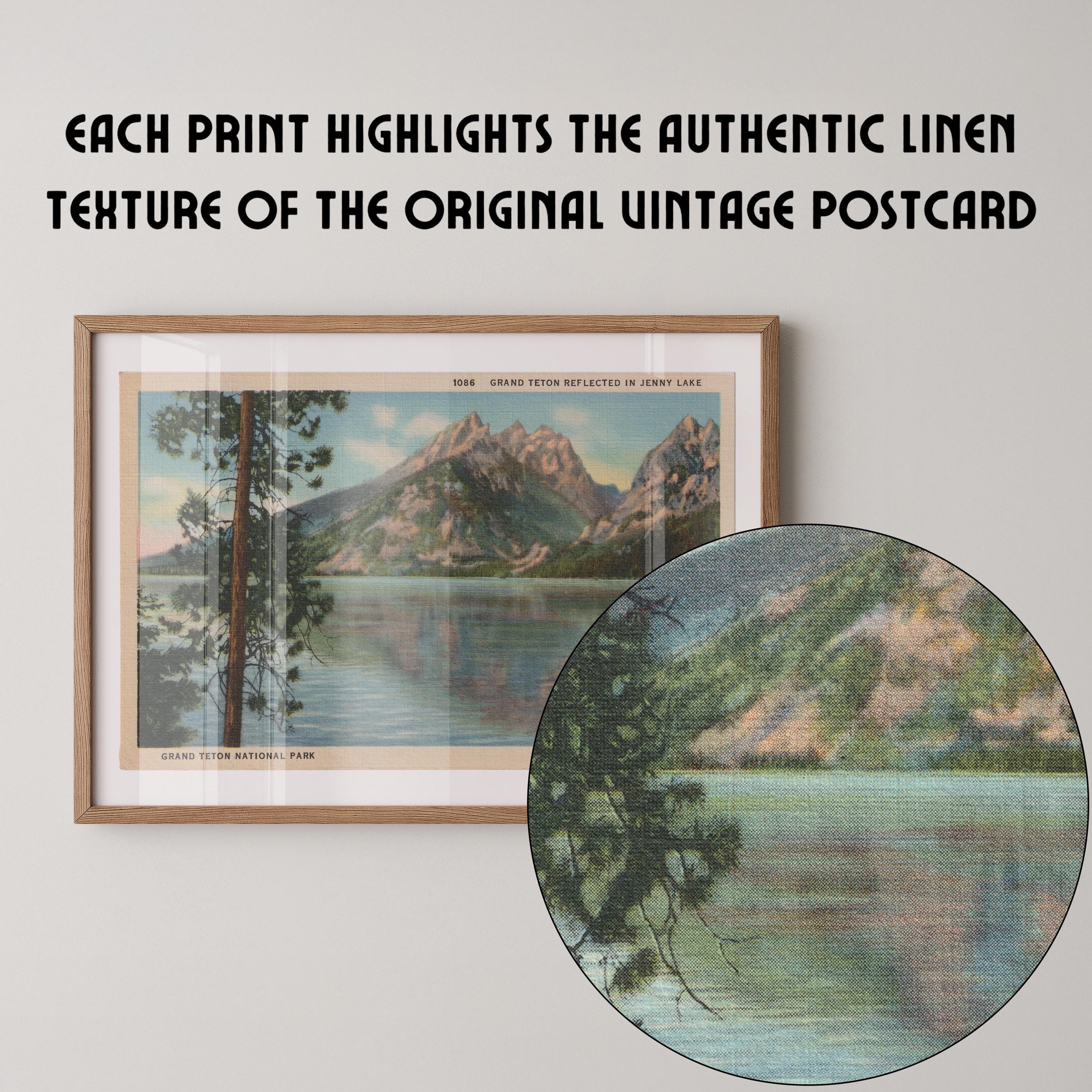Vintage landscape postcard print of Jenny Lake with the jagged snow-capped peaks of the Grand Tetons reflected in the still water, Grand Teton National Park. Printed as a giclée fine art print on archival matte paper.