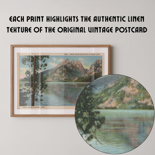 Vintage landscape postcard print of Jenny Lake with the jagged snow-capped peaks of the Grand Tetons reflected in the still water, Grand Teton National Park. Printed as a giclée fine art print on archival matte paper.