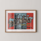Vintage "Greetings from Mt. Rainier" large letter postcard print, with oversized vintage-style block letters spelling MT. RAINIER filled with nostalgic scenic snapshots, celebrating Mt. Rainier as a beloved travel destination. Printed as a giclée fine art print on archival matte paper.