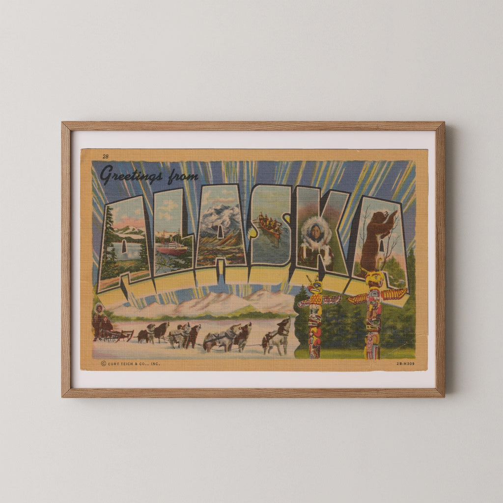 Vintage "Greetings from Alaska" large letter postcard print, with oversized vintage-style block letters spelling ALASKA filled with nostalgic scenic snapshots, celebrating Alaska as a U.S. state travel keepsake. Printed as a giclée fine art print on archival matte paper.
