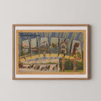 Vintage "Greetings from Alaska" large letter postcard print, with oversized vintage-style block letters spelling ALASKA filled with nostalgic scenic snapshots, celebrating Alaska as a U.S. state travel keepsake. Printed as a giclée fine art print on archival matte paper.