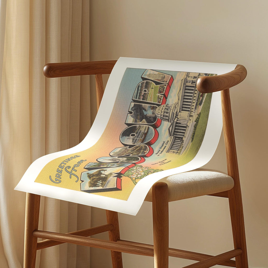 Vintage "Greetings from Missouri" large letter postcard print, with oversized vintage-style block letters spelling MISSOURI filled with nostalgic scenic snapshots, celebrating Missouri as a U.S. state travel keepsake. Printed as a giclée fine art print on archival matte paper.