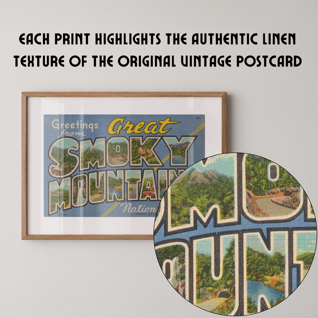 Vintage "Greetings from the Great Smoky Mountains" large letter postcard print, with oversized vintage-style block letters spelling THE GREAT SMOKY MOUNTAINS filled with nostalgic scenic snapshots, celebrating the Great Smoky Mountains as a beloved travel destination. Printed as a giclée fine art print on archival matte paper.