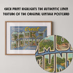 Vintage "Greetings from the Great Smoky Mountains" large letter postcard print, with oversized vintage-style block letters spelling THE GREAT SMOKY MOUNTAINS filled with nostalgic scenic snapshots, celebrating the Great Smoky Mountains as a beloved travel destination. Printed as a giclée fine art print on archival matte paper.