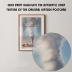 Vintage landscape postcard print of Old Faithful Geyser erupting in a tall plume of steam and water, Yellowstone National Park. Printed as a giclée fine art print on archival matte paper.