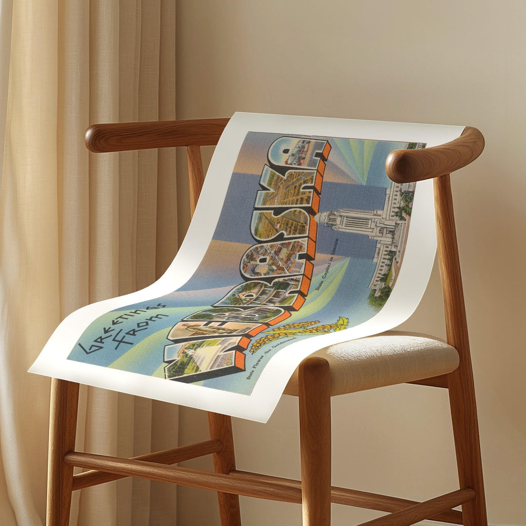 Vintage "Greetings from Nebraska" large letter postcard print, with oversized vintage-style block letters spelling NEBRASKA filled with nostalgic scenic snapshots, celebrating Nebraska as a U.S. state travel keepsake. Printed as a giclée fine art print on archival matte paper.