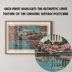 Vintage landscape postcard print of the Lincoln Memorial's columned facade framed by blooming pink cherry blossom trees, Washington, D.C. Printed as a giclée fine art print on archival matte paper.