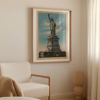 Vintage illustrated postcard print of the Statue of Liberty standing tall in New York Harbor. Printed as a giclée fine art print on archival matte paper.