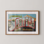 Vintage "Greetings from Seattle" large letter postcard print, with oversized vintage-style block letters spelling SEATTLE filled with nostalgic scenic snapshots, celebrating Seattle as a classic American city travel keepsake. Printed as a giclée fine art print on archival matte paper.