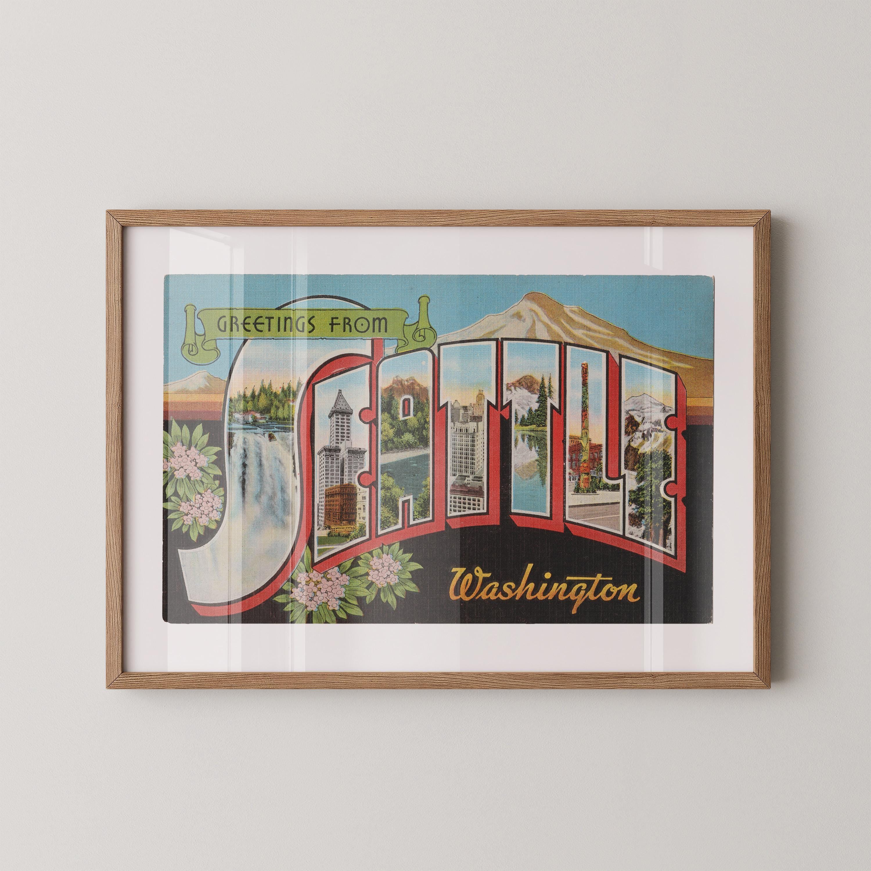 Vintage "Greetings from Seattle" large letter postcard print, with oversized vintage-style block letters spelling SEATTLE filled with nostalgic scenic snapshots, celebrating Seattle as a classic American city travel keepsake. Printed as a giclée fine art print on archival matte paper.