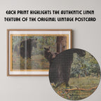 Vintage wildlife postcard print of black bears exploring a wooded forest setting. Printed as a giclée fine art print on archival matte paper.